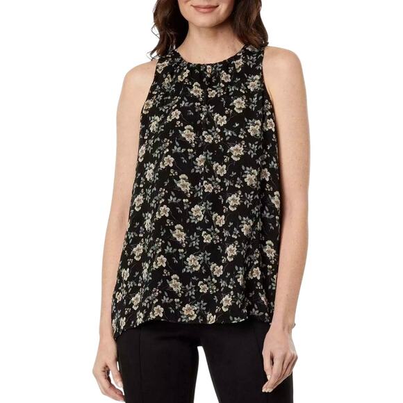 VINCE CAMUTO FLORAL HIGH NECK SLEEVELESS BLOUSE IN BLACK NWT WOMEN'S SIZE XS‎ - Picture 1 of 15
